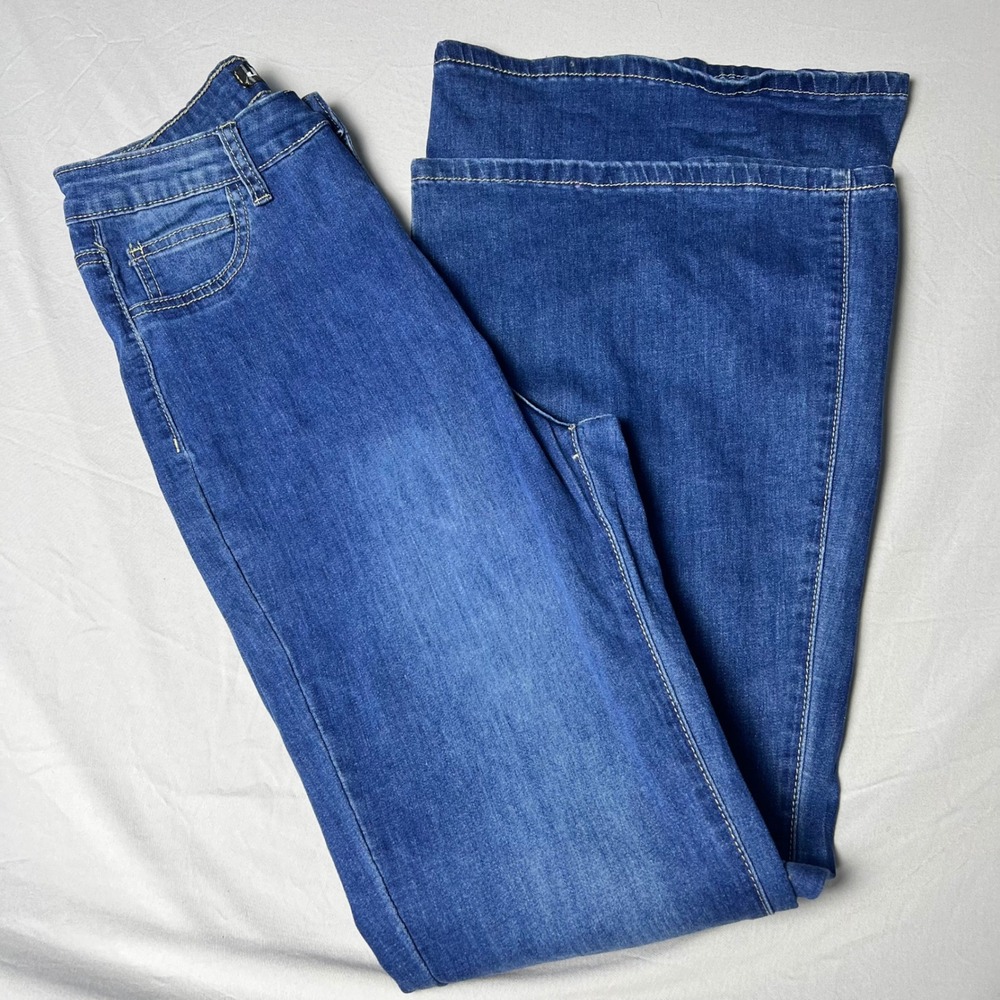 JC & JQ Womens High Waisted Flare Jeans Medium Wash Wide Leg Denim GP3317 Size L